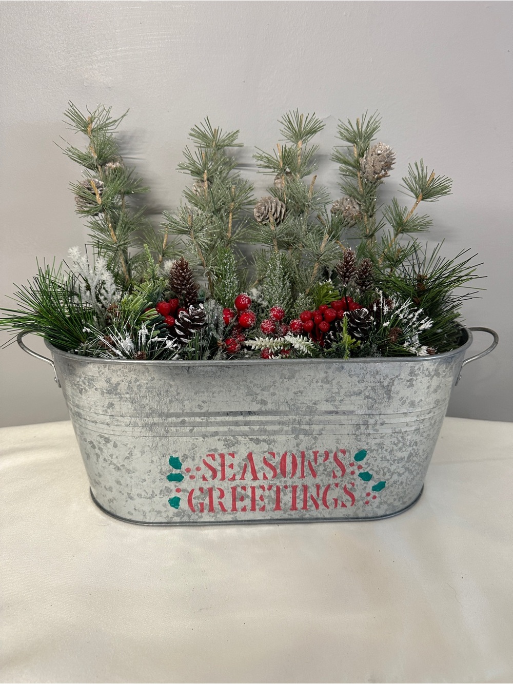 Season's Greetings Galvanized Holiday Planter with Pine and Berries